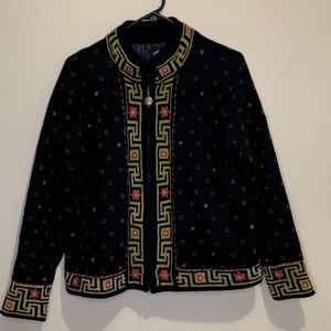 Icelandic Nordic Wool Blend Insulated Jacket Sweater Zip Up Black Poinsettias